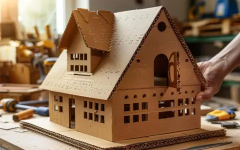 Une main tient une **maison en carton** détaillée, avec des fenêtres découpées et un toit à plusieurs niveaux, posée sur un établi.
