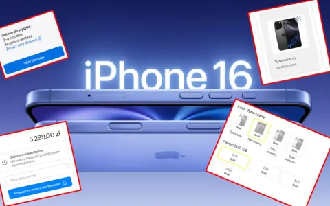 Nowy iPhone 16 w kolorze tytan czarny, z informacjami o cenie i dostępności.