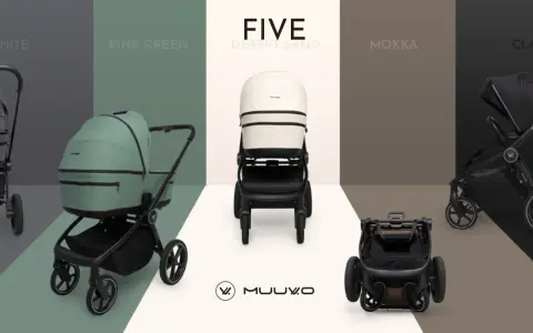Wózki spacerowe Muuvo w różnych kolorach: Iron Graphite, Pine Green, Five Desert Sand, Mokka i Classic Black.