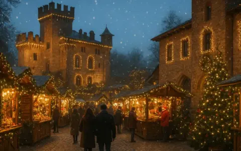 Magici mercatini di Natale in Romagna, con bancarelle illuminate e un castello sullo sfondo, mentre cade la neve.