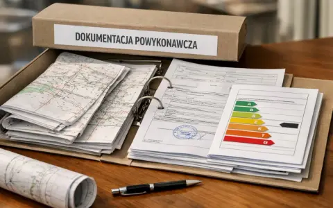 Teczka z napisem "Dokumentacja powykonawcza" zawiera mapy, dokumenty i etykietę energetyczną.