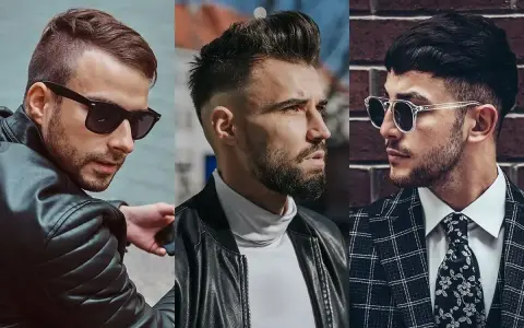 Trzech mężczyzn w stylowych fryzurach. Jeden z nich ma modną french crop, drugi zaczesane włosy do góry, a trzeci krótkie włosy z grzywką.