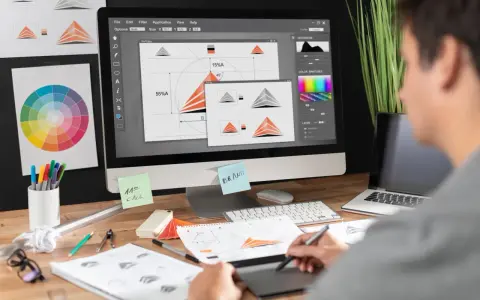 Diseñador gráfico trabajando en un logo, con paleta de colores y bocetos. Imágenes libres de derecho de autor.