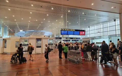 Ludzie w terminalu lotniska, tablice z informacjami o bramkach i pasażerowie z bagażami.