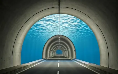An underwater tunnel with a road leading into the distance. This surreal scene makes you wonder, does the Eurostar go underwater?