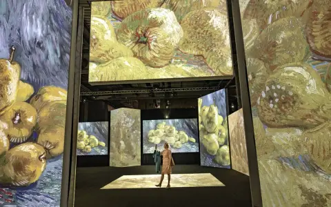 En utställning med Vincent van Goghs målningar projicerade på stora skärmar. Här finns fakta om Vincent van Gogh, med fokus på hans fruktmotiv.