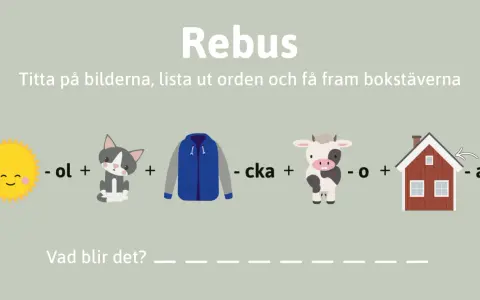 Rebus puzzle with images of a sun, cat, jacket, cow, and house, with text and symbols.