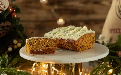 Pyszny, wilgotny naked cake marchewkowy z kremem i wiórkami białej czekolady, udekorowany świątecznymi światełkami i gałązkami choinki.