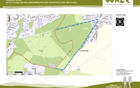 Umleitung wegen Forstarbeiten im Bereich des Residenzweges Detmold. Eine rote Linie markiert die Umleitung auf der Karte.