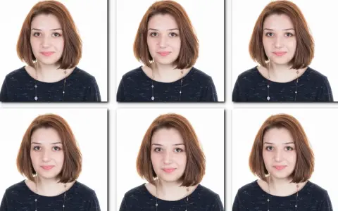 Sześć identycznych zdjęć młodej kobiety z rudymi włosami. Czy do zdjęcia do dowodu trzeba mieć koszulę? Niekoniecznie, widać tu bluzkę.