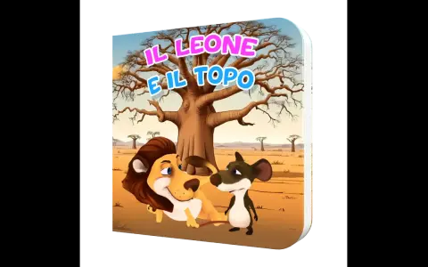 Copertina libro "Il leone e il topo", divisione in sequenze. Un leone riposa sotto un albero mentre un topolino lo osserva.