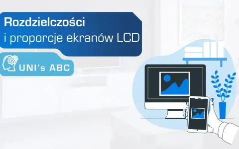 Rozdzielczości i proporcje ekranów LCD. Grafika przedstawia monitor i smartfon z tym samym obrazem, ilustrując różne rodzaje rozdzielczości.