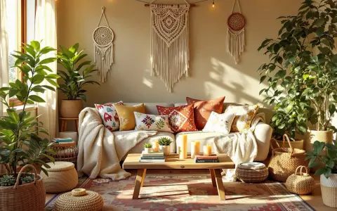 Boho salon z makramami, roślinami i mnóstwem poduszek. Jak uniknąć objawów przesytu dekoracjami, zachowując estetykę boho.