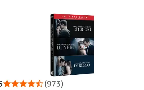La trilogia di "Cinquanta sfumature" in DVD, con le copertine dei tre film: Grigio, Nero e Rosso.