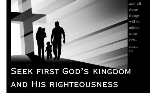 A family walks towards a glowing cross, symbolizing their commitment to seek first the kingdom of God.