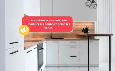 Cuisine moderne avec plan de travail modulable. La hauteur du plan de travail cuisine est adaptée à chaque zone pour un confort optimal.