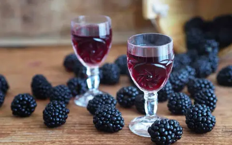 Dwa kieliszki z rubinową nalewką z jerzyn, otoczone świeżymi owocami na drewnianym blacie.