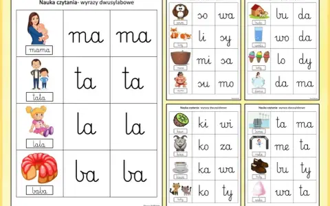 Kolorowe karty z czytanki sylabowe do druku. Pomagają w nauce czytania dwusylabowych wyrazów, ilustrując słowa takie jak "mama", "tata", "lala", "baba".
