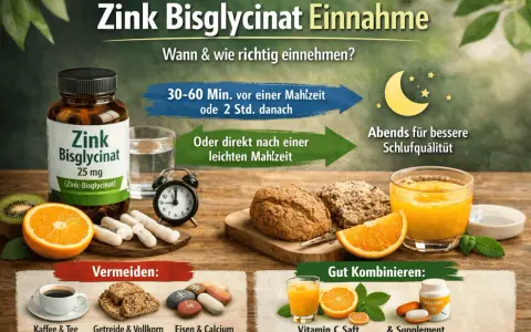 Zink Bisglycinat: Wann einnehmen? Vor oder nach leichter Mahlzeit, abends für Schlaf. Vermeide Kaffee, Getreide, Eisen & Calcium. Kombiniere mit Vitamin C.