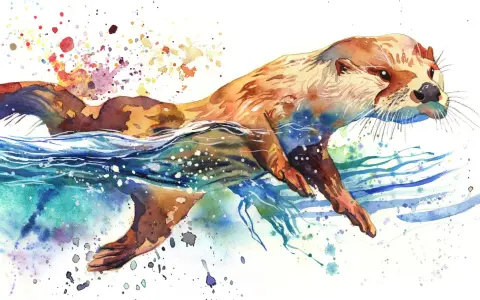 Un dessin à l'aquarelle d'une loutre nageant joyeusement dans des eaux bleues et vertes, avec des éclaboussures de couleurs vives.