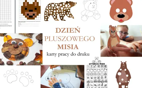 Kolaż z różnymi wizerunkami misiów: rysunki, maska, misie z liści, karty pracy.