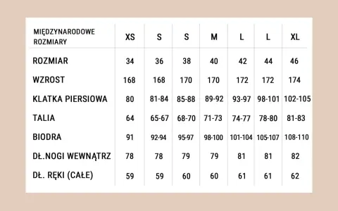 Tabela rozmiarów: wzrost 170 cm odpowiada rozmiarowi M (40), obwód klatki 89-92 cm, talii 71-73 cm, bioder 98-100 cm.