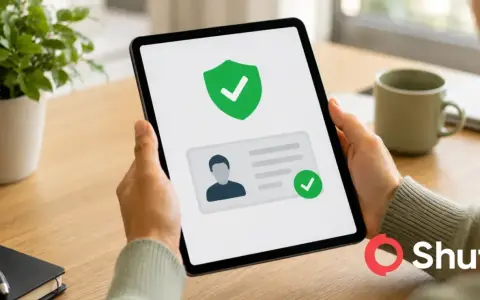 Osoba korzysta z tabletu do weryfikacji tożsamości. Na ekranie widnieje ikona tarczy z zielonym znacznikiem, symbolizująca bezpieczeństwo, oraz grafika dowodu osobistego z potwierdzonym statusem. To ilustracja procesu **procedura kyc**.