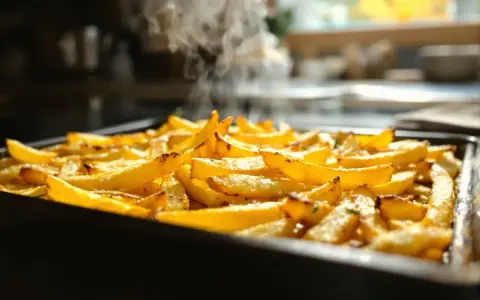 Une plaque de frites au four dorées et fumantes, prêtes à être dégustées.