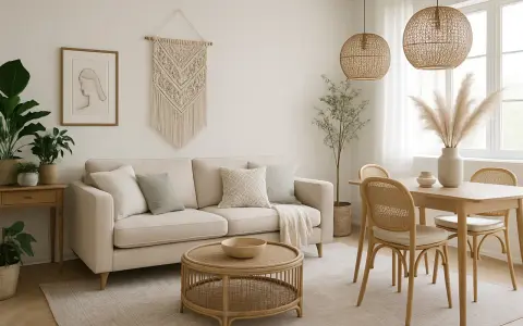 Salón con sofá beige, mesa de centro de ratán y mesa de comedor con sillas de mimbre. Decoración estilo boho con macramé y plantas.