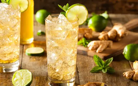 En uppfriskande ginger beer drink med is, lime och mynta. Ingredienser som ingefära och lime ligger utspridda.