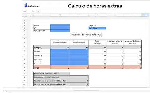 Hoja de cálculo para calcular el pago de horas extras, mostrando horas trabajadas, horario normal y aumentos.