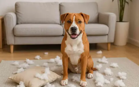 Un chien au poil roux et blanc, assis au milieu d'un salon, entouré de rembourrage de coussin. Un vrai chien destructeur, que faire ?