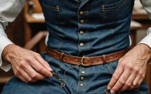 Mężczyzna w białej koszuli i kamizelce z denimu, z brązowym paskiem, szyje przy użyciu igły i nici. Materiał kamizelki to wytrzymały twill.