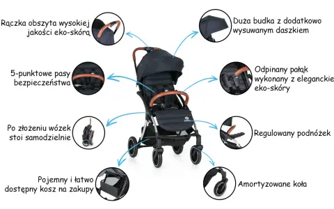Wózek spacerowy Petite&Mars z rączką i pałąkiem z eko-skóry, dużą budką, 5-punktowymi pasami, regulowanym podnóżkiem, amortyzowanymi kołami i pojemnym koszem.