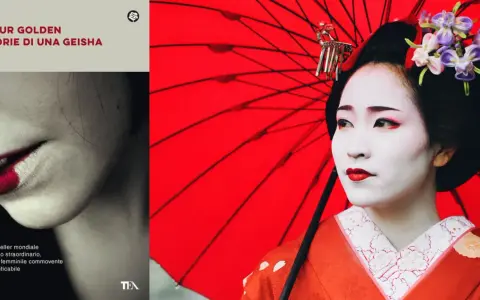 Copertina di "Memorie di una geisha" con una geisha in primo piano e un dettaglio delle labbra.