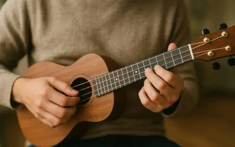 Main d'un musicien jouant un ukulélé, ses doigts formant un nom d'accord guitare sur le manche.