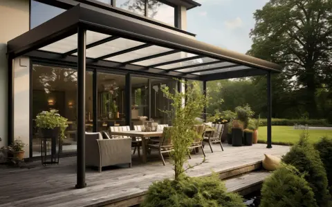 Une terrasse en bois avec une table et des chaises sous une pergola moderne. L'emprise au sol de la pergola crée un espace de vie extérieur accueillant.