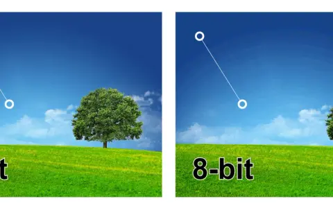 Porównanie jakości obrazu: po lewej 10-bitowe niebo jest gładkie, po prawej 8-bitowe ma widoczne pasy.