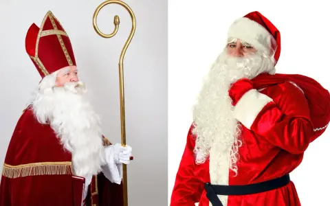 Links: Bischof Nikolaus mit Mitra und Stab. Rechts: Weihnachtsmann mit Bart und Sack. So sieht der Nikolaus aus, aber auch der Weihnachtsmann!