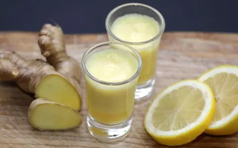 Zwei Gläser mit leuchtend gelbem Ingwer Shot, daneben frischer Ingwer und Zitronenscheiben auf Holzbrett.