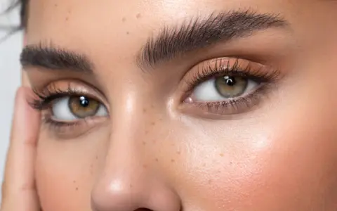 Ojos con pestañas largas y cejas oscuras, resultado de un perfecto teñir cejas. Piel con pecas y rubor rosado.