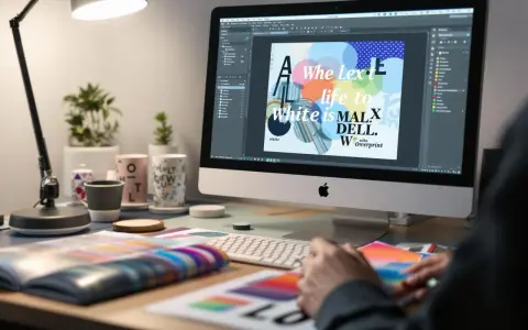Grafik projektuje materiały z wykorzystaniem druku białym kolorem. Na ekranie komputera widać projekt graficzny z tekstem i kolorowymi kółkami.