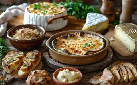Plats gratinés et fromages, un festin de spécialités Auvergne. Pain grillé, herbes fraîches et ambiance rustique.