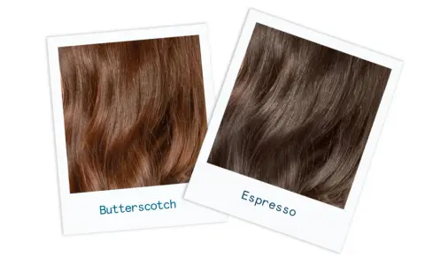 Zwei Polaroid-Fotos zeigen verschiedene Schattierungen von braunem Haar: "Butterscotch" und "Espresso".