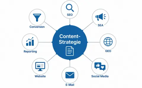 Diagramm zeigt die Elemente einer Content-Strategie: SEO, SEA, GEO, Social Media, E-Mail, Website, Reporting und Conversion. Content Optimierung ist der Schlüssel.