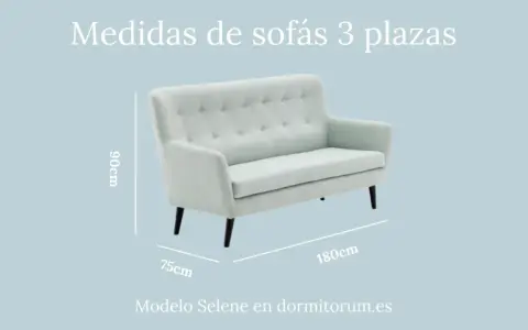 Sofá de 3 plazas modelo Selene. Medidas: 180cm ancho, 90cm alto, 75cm fondo.