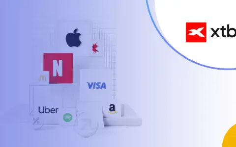 Logo XTB obok ikon znanych marek (Apple, Netflix, Visa, Amazon, Uber, McDonald's, Spotify). Unikaj xtb opłata za brak aktywności.