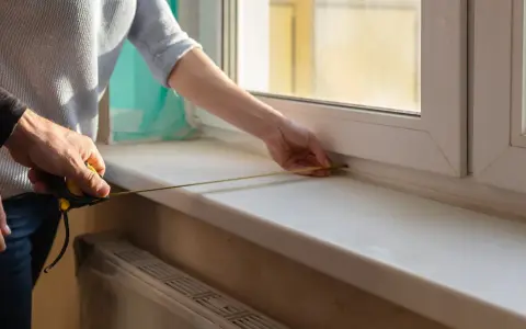Dwie osoby mierzą taśmą zwymiarową parapet wewnętrzny przy oknie.