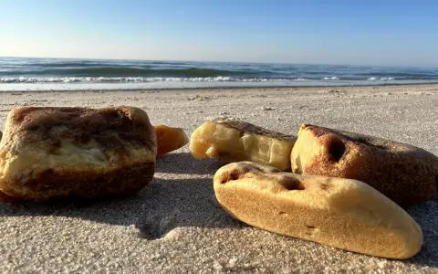 Jak rozpoznać bursztyn na plaży? Kilka kawałków bursztynu leży na piasku przy morzu.