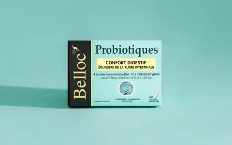 Boîte de probiotiques Belloc pour le confort digestif et le ventre gonflé. Équilibre de la flore intestinale.